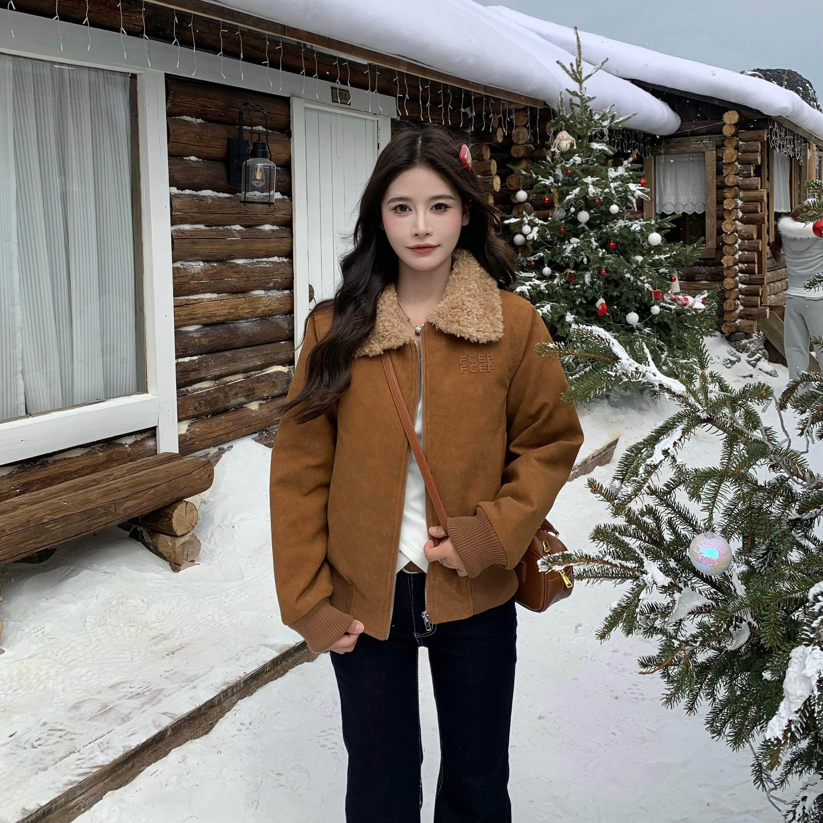 3MER哦哦三妹老钱风毛领夹棉皮衣女2025秋冬美拉德高级感长袖外套,淘宝优惠券,粉丝福利购,淘宝优惠卷