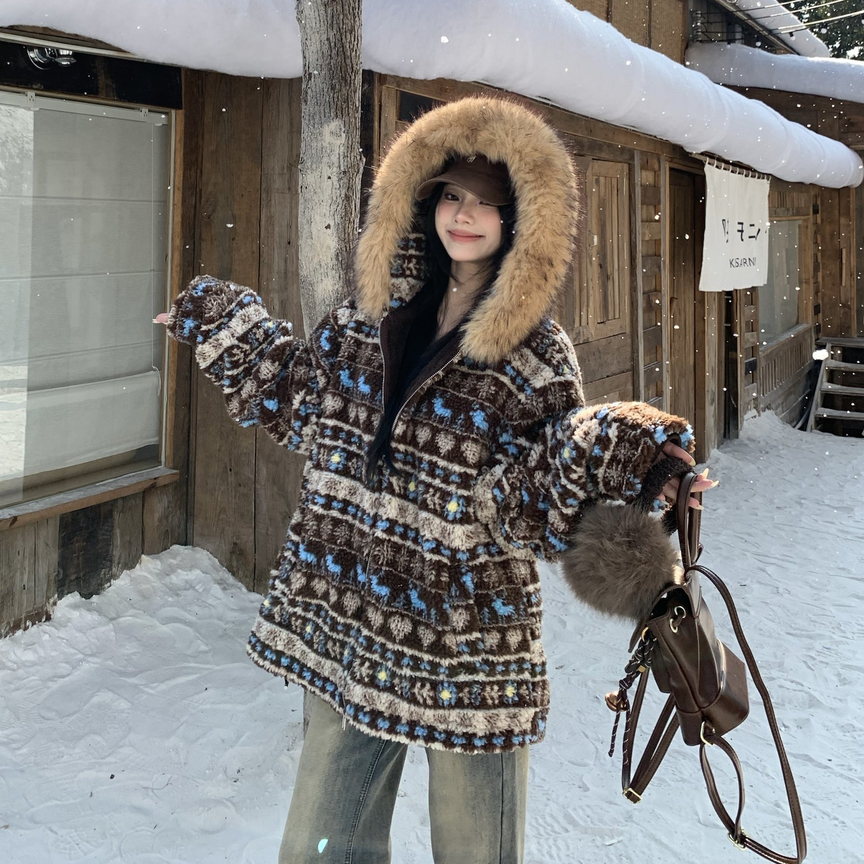 3MER哦哦三妹 费尔岛羊羔毛毛领连帽外套女冬季复古保暖加厚上衣,淘宝优惠券,粉丝福利购,淘宝优惠卷