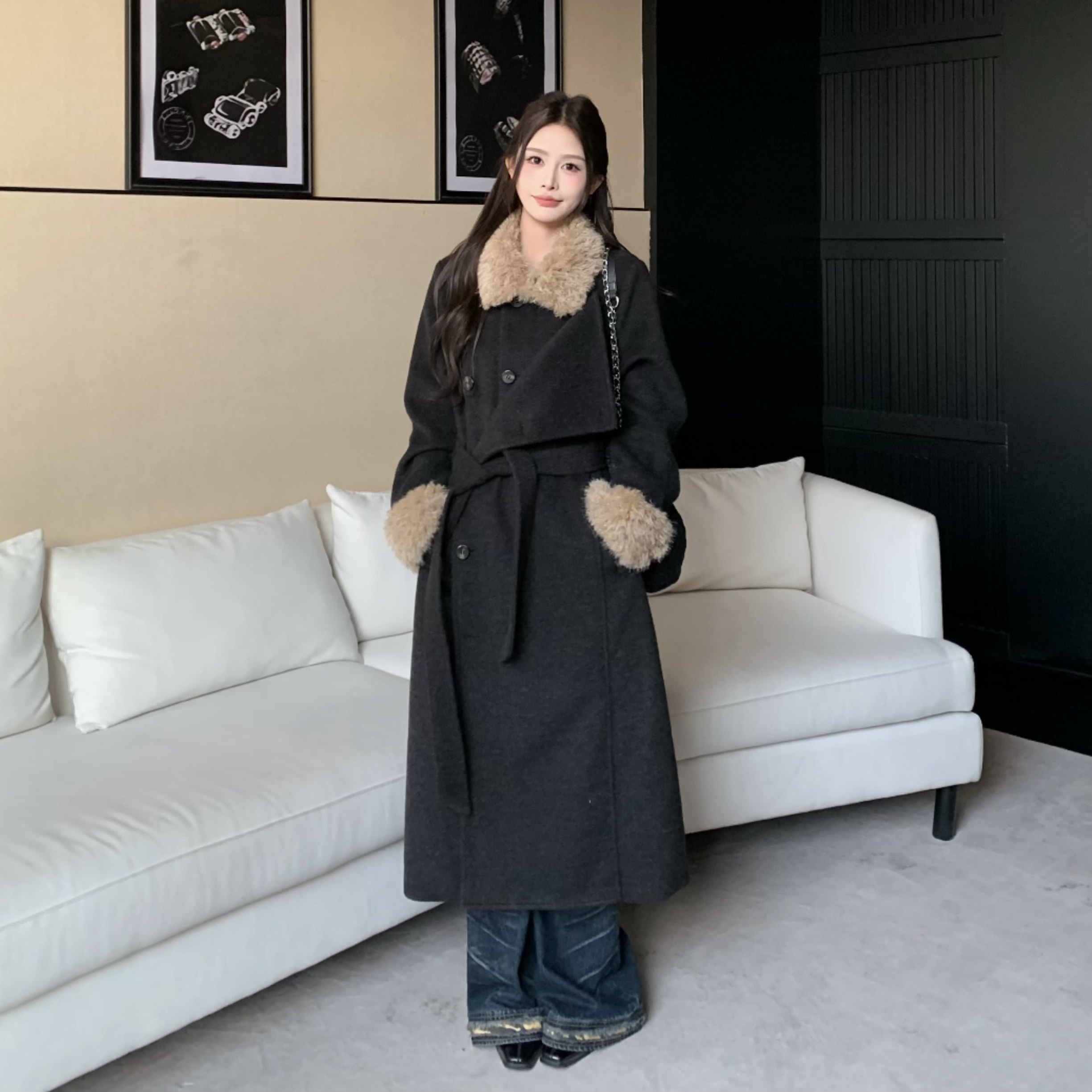 3MER哦哦三妹 韩系英伦风羽绒收腰毛毛领呢子大衣女冬季毛呢外套,淘宝优惠券,粉丝福利购,淘宝优惠卷