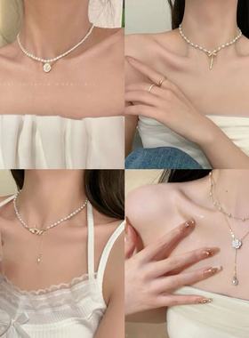 双层流苏珍珠项链女款2025新款山茶花高级链轻奢锁骨链脖颈配饰