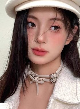 PUPPY YE白色蝴蝶结皮革choker项圈小众设计感双层辣妹锁骨链项链