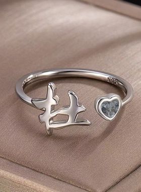 S925纯银百家姓氏戒指女ins小众高颜值时尚简约素圈可调节食指戒