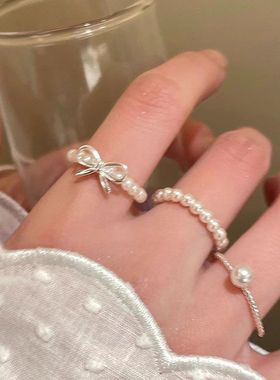 蝴蝶结珍珠串珠戒指女ins小众设计装饰食指戒轻奢高级感叠戴指环