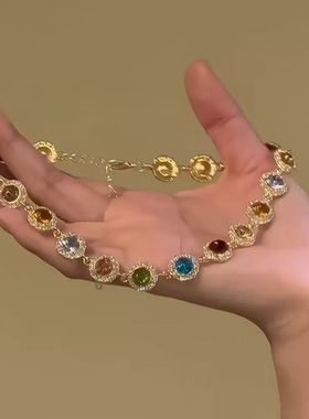 彩色锆石超闪项链女2025年新款夏天高级感精致锁骨链彩色项链