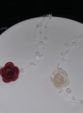 法式浪漫性感优雅复古花朵鱼线珍珠锁骨链超仙气质少女项链choker