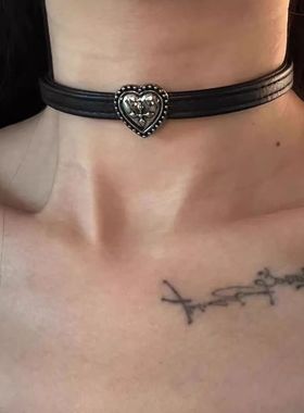 做旧款复古颈链高级感黑色皮革choker项圈暗黑朋克风亚文化锁骨链