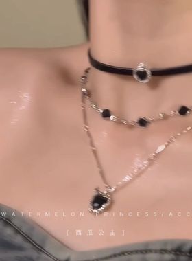 「黑绳甜酷心」多层叠戴项链女辣妹甜酷黑皮绳链锁骨链choker颈链