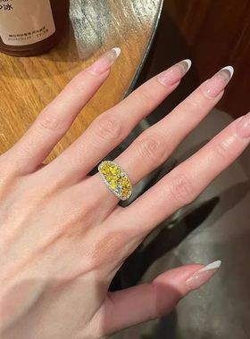 橘子气泡黄钻戒指女款中古vintage轻奢高级感百搭显白食指戒指环