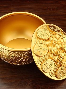 纯铜开盖招财带盖聚宝盆摆件店铺开业装饰品家居客厅存钱罐工艺品