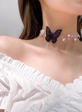 法式复古超仙女气质鱼线珍珠蝴蝶锁骨链少女甜美小众设计感choker