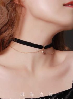 丝绒酒红锁骨链女项圈新娘配饰脖子饰品复古法式锁骨链颈链choker