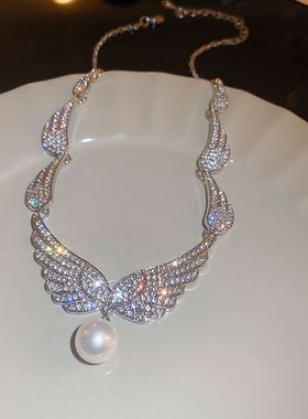 锆石翅膀珍珠项链耳环套装气质轻奢高级感锁骨链创意设计感饰品女