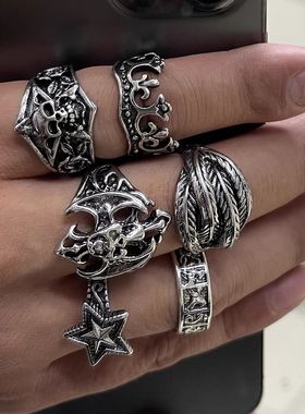 6个套装骷髅戒指男欧美夸张小众复古哥特风朋克嘻哈独特指环配饰