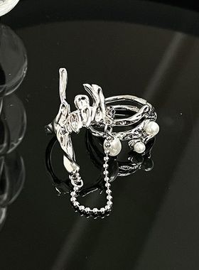 小众设计感链条个性珍珠法式不规则高级感时尚百搭复古开口戒指女