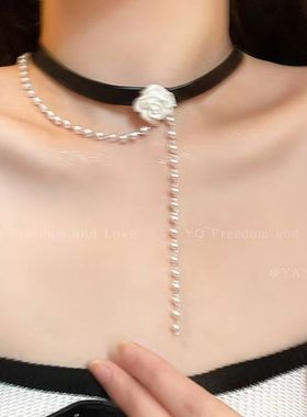 玫瑰珍珠choker黑色项圈锁骨链小众高级颈链颈带小香风项链配饰女