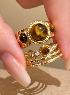 欧美虎眼石戒指女款美拉德中古小众设计高级感复古双层食指戒指环