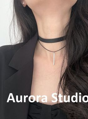 PU皮条颈链韩国绒绳双层choke带吊坠r黑色项圈女百搭简约短颈