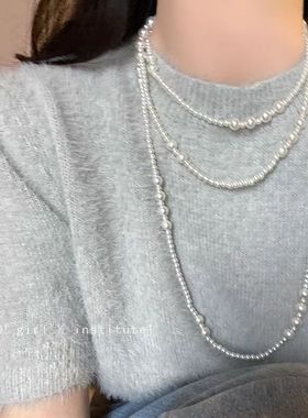 多层叠戴珍珠项链米白女新款爆款锁骨链高级感百搭秋冬长款毛衣链