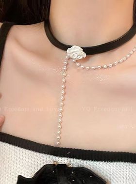 玫瑰珍珠choker黑色项圈锁骨链小众高级颈链颈带小香风项链配饰女