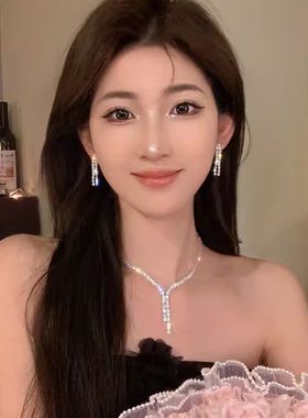 高级感闪钻耳环深v领项链套装轻奢礼服晚宴锁骨链新娘婚纱配饰女