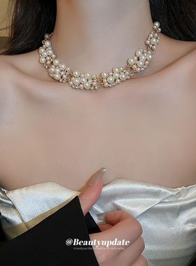 镶钻珍珠长方形耳钉项链两件套法式复古宫廷风颈链轻奢高级感项饰