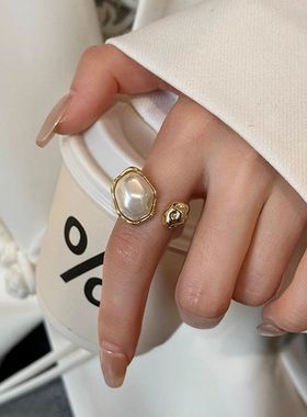 异形珍珠开口戒指女款ins小众设计高级感2024年新款复古食指戒指