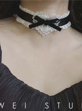 黑白洛丽塔)复古少女爱心蝴蝶结蕾丝颈带颈环黑色项圈lolita项链