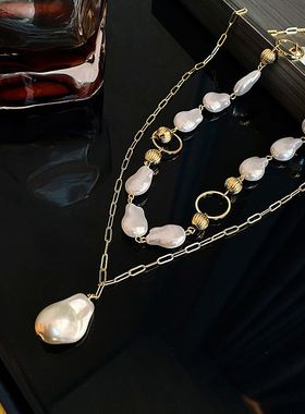复古珍珠项链女毛衣链ins冷淡风轻奢小众设计感颈链双层锁骨链
