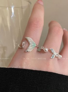 玫瑰花珍珠碎银开口戒指女甜美气质叠戴食指戒轻奢小众高级感戒指