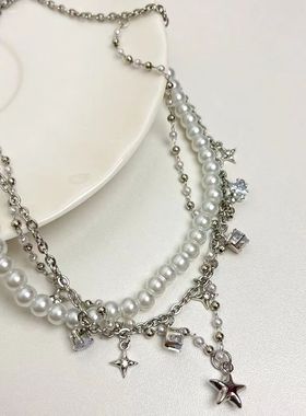 开学季新款choker星星水钻吊坠珍珠项链女小众设计高级感锁骨链