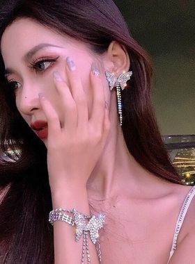 choker项圈水钻项链新娘蝴蝶结锁骨链短款颈链女简约颈带耳环套装