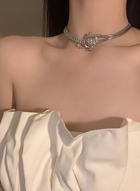 项圈女银色锆石项链女轻奢小众choker设计重工高级感镶钻颈链