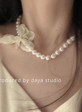 度假风 氛围感法式复古珍珠雪纺花朵项链 高级感设计仙气质锁骨链