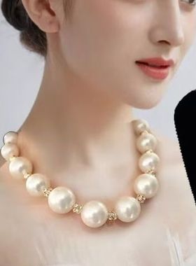 大珍珠项链时尚奢华珍珠锁骨间隔水钻项链韩国晚礼服配饰高级感
