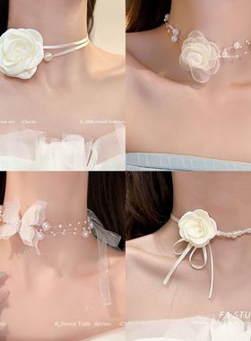 山茶花白玫瑰项链珍珠choker锁骨轻奢小众系花颈链高级配饰艺术感