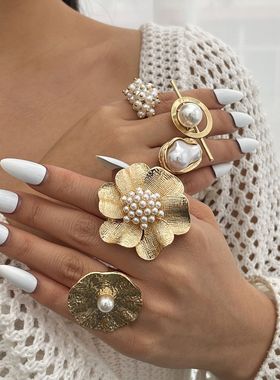 欧美夸张金属风花朵戒指时尚复古开口戒指个性高级感新款手饰女款