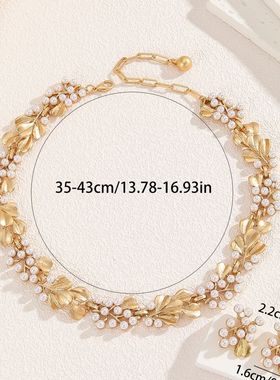 珍珠银杏叶复古单边镂空项链手工制作欧美婚礼【耳环有单独链接】