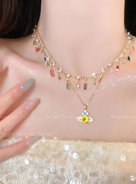 彩色土星锆石项链女2025新款小众高级感锁骨链时尚轻奢爆闪配饰