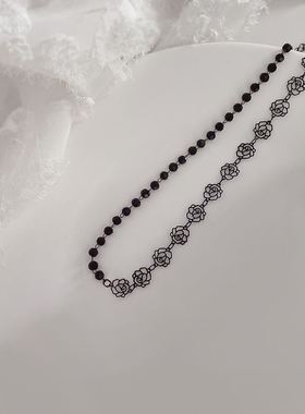 黑色玫瑰花朵项链简约ins风高级感choker锁骨链女颈链chocker项圈