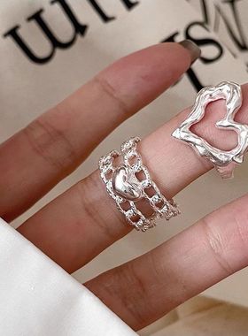 皱链条爱心开口戒指女秋冬款ins小众设计高级感简约百搭食指戒指