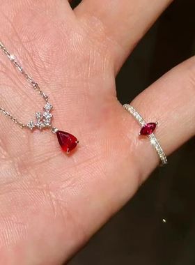 2025新款钛钢鸽血红水滴锆石项链戒指镶钻轻奢高颜值小众个性高级