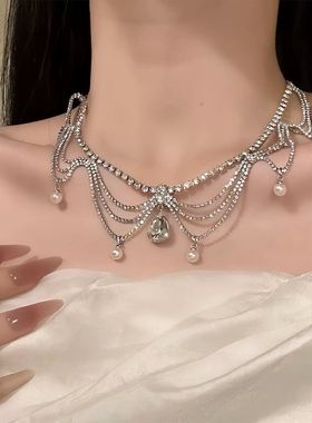 法式超闪水滴串珠项链轻奢晚宴精致小众高级锁骨链