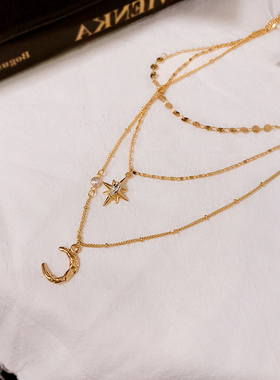 韩国气质三层星月项链女个性轻奢小众设计感网红ins百搭毛衣链潮