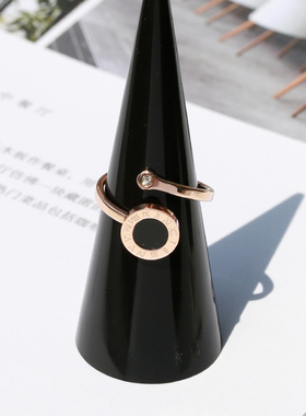 梓琦韩潮黑圆玫瑰金戒指环闺蜜