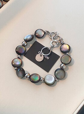 天然深海黑蝶贝伴彩项链女款配饰高端鲍贝炫彩串珠毛衣颈链个性风