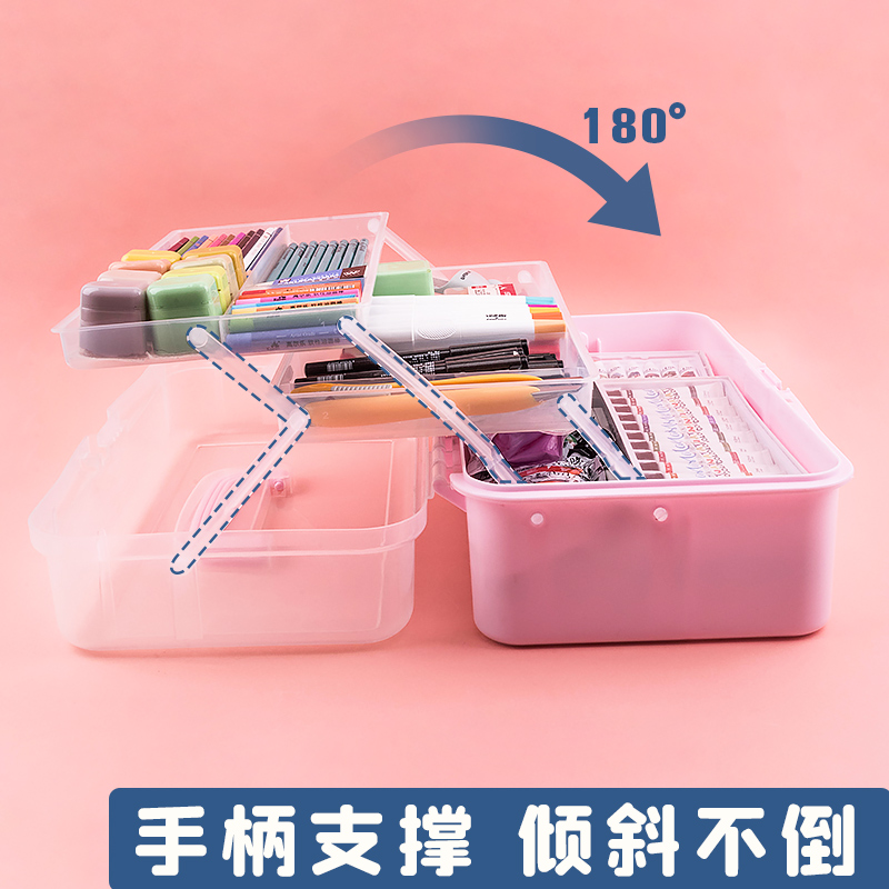 美术绘画多功能工具箱小学生儿童艺考生用手提式透明三层画画文具收纳盒颜料箱大中小号结实耐用国画水粉水彩