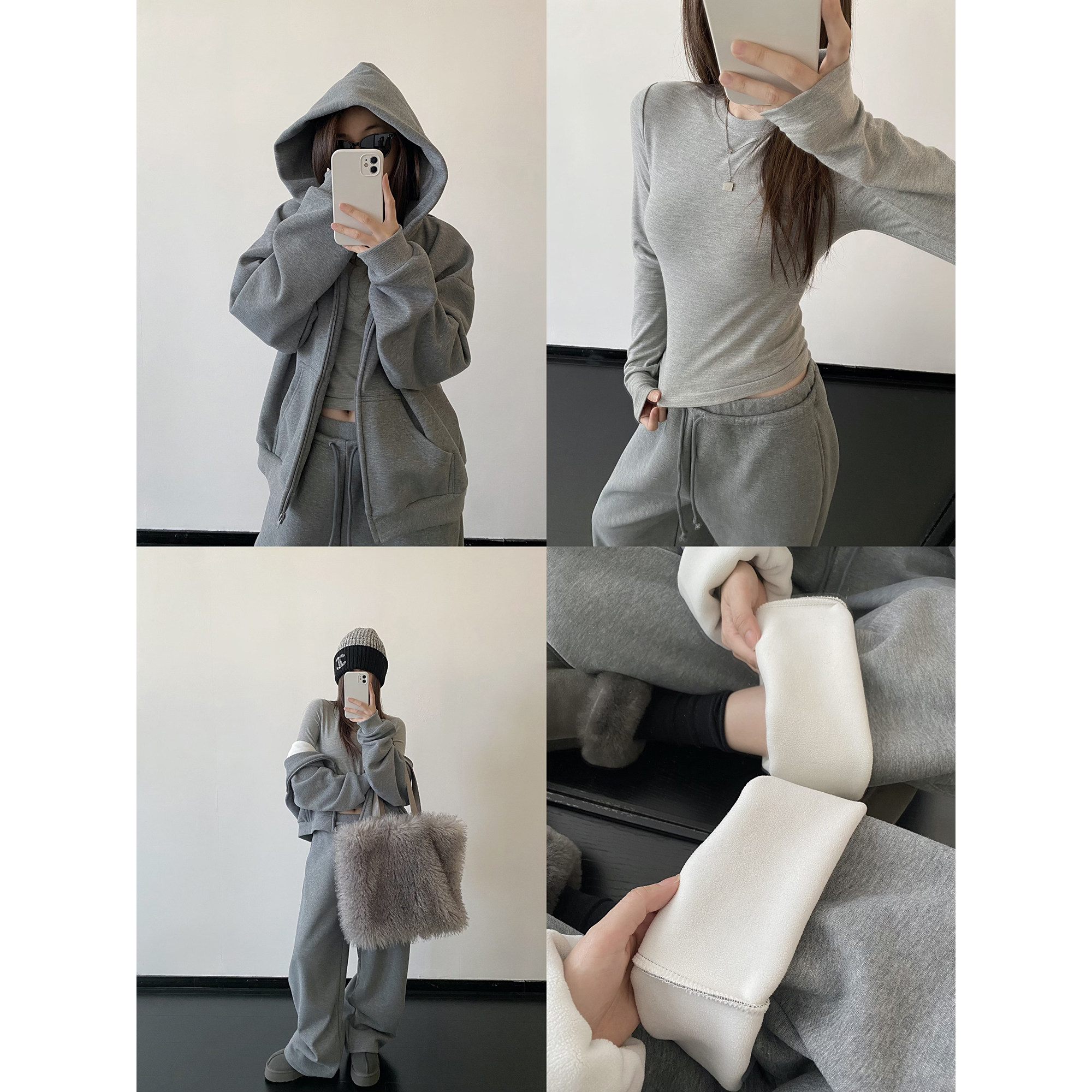 sun柚 '镇店'私服同色系三件套！加绒连帽卫衣卫裤修身打底衫套装,淘宝优惠券,粉丝福利购,淘宝优惠卷