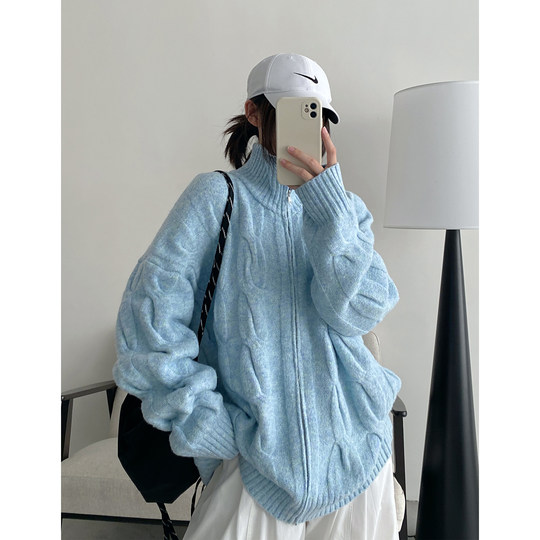 【清仓价】蓝色独特麻花拉链开衫毛衣女外穿休闲慵懒风针织外套