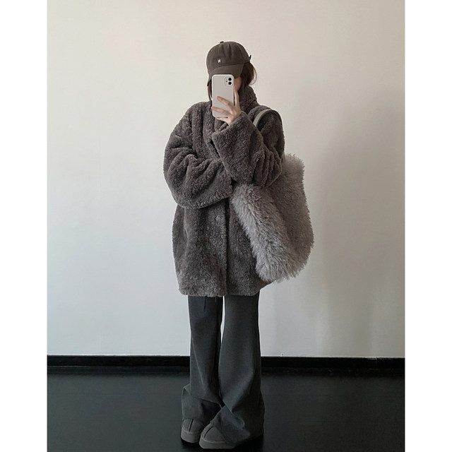Stylish stand collar loose warm fur one-piece jacket
