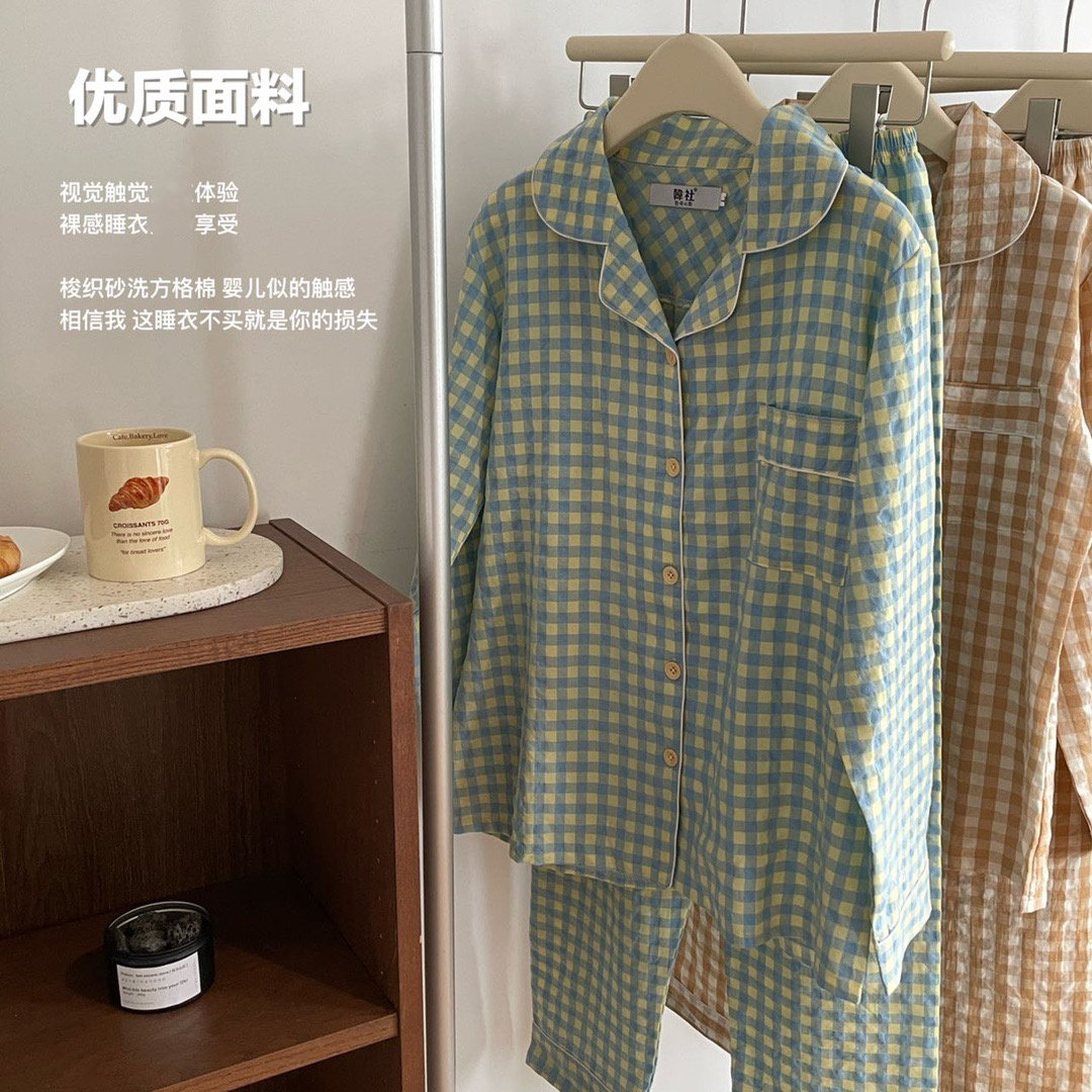 韩社韩国原单梭织小方格秋冬睡衣 幔淑葶睡衣/家居服套装